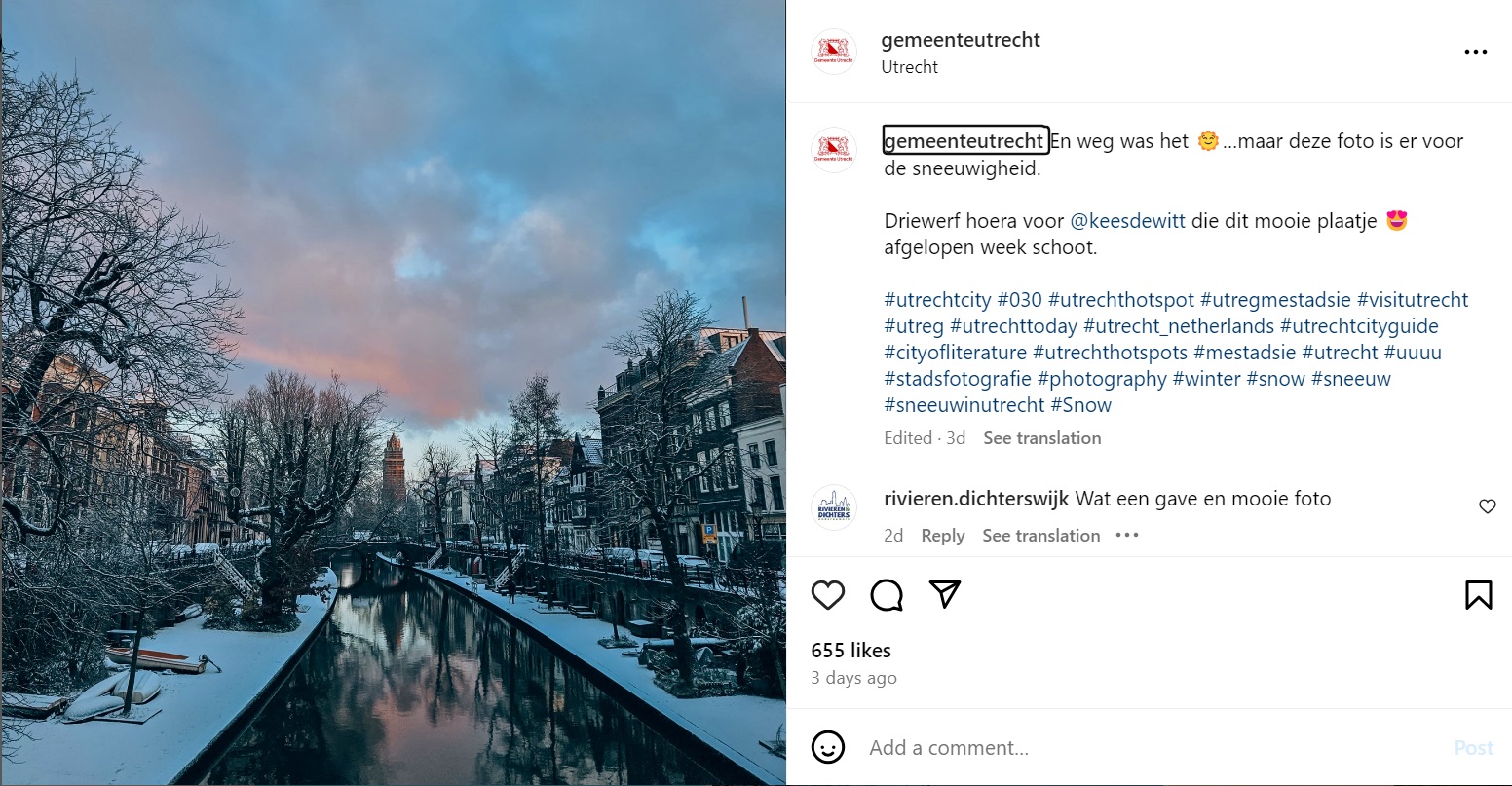 Sneeuwfoto op Instagram met onderschrift 'deze foto is er voor de sneeuwigheid'