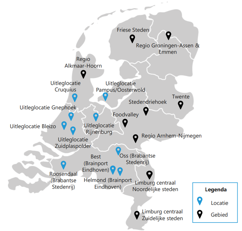 Een kaart van mogelijke grootschalige bouwlocaties voor na 2030.