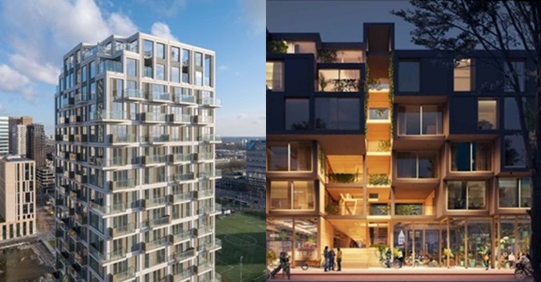 Links: Modulaire bouw op de Zuidas|StepStone. Rechts: Modulaire houtbouw in de stad|Juf Nienke
