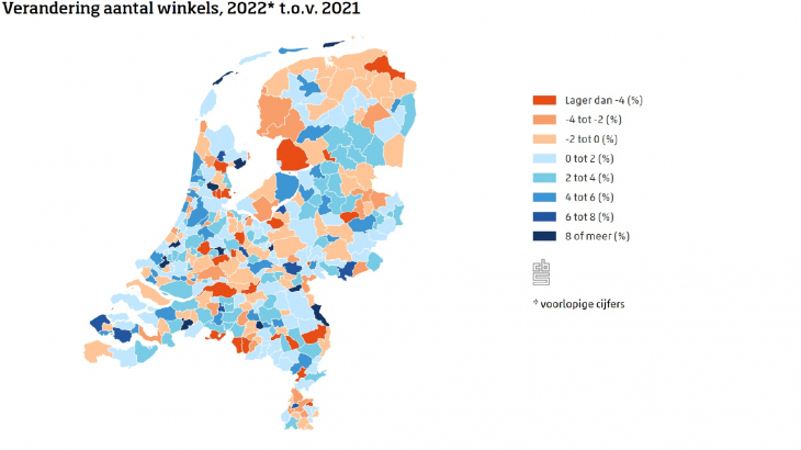 Verandering aantal winkels, 2022 t.o.v. 2021