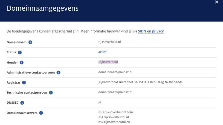 Domeinnaamgegevens van Rijksoverheid.nl