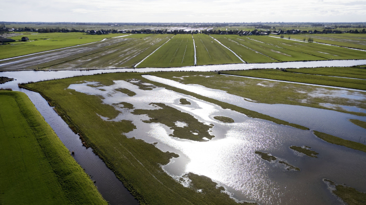 Een Noord-Hollands weiland, vlakbij het Markermeer, dat begin maart blank stond.