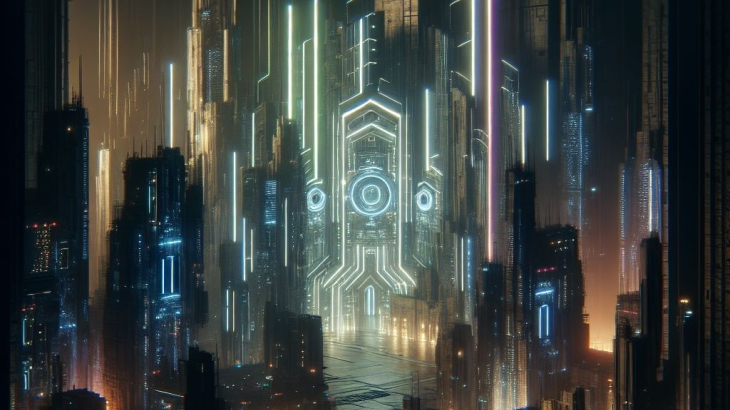 Een soort dystopische stad met lichtpaden, gecreëerd door AI