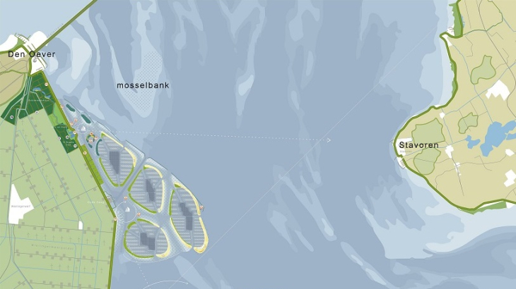 Een schets van het plan voor zonne-atollen ten zuiden van de Afsluitdijk.