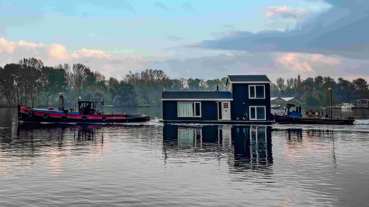 Twee sleepboten transporteren een huisje over het water van de Nieuwe Meer in Amsterdam.