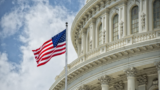 Amerikaanse vlag wappert voor het Capitool in Washington DC