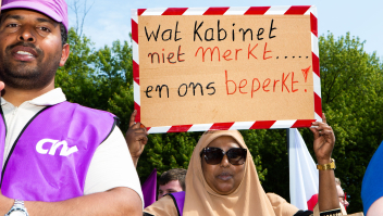 Vakbonden FNV en CNV organiseerden in juni een actie voor een betere cao Wsw (Wet sociale werkvoorziening) en Aan de Slag (Participatiewet). Foto: Maarten Hartman (ANP)