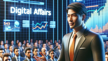 Afbeelding van Aziatische man in pak, 'Digital Affairs' in neonletters op de muur