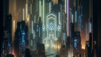 Een soort dystopische stad met lichtpaden, gecreëerd door AI