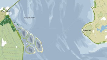 Een schets van het plan voor zonne-atollen ten zuiden van de Afsluitdijk.