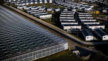 Dronefoto van tuinbouwkassen en 200 woningen in Grubbenvorst. De chalets bieden onderdak aan 800 arbeidsmigranten die vooral in de regio werken. Foto: Rob Engelaar/ANP