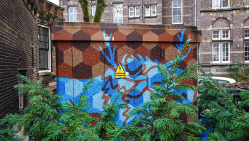 Een beschilderd transformatorhuisje in Den Haag.